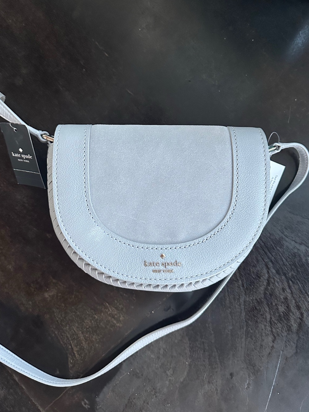 kate spade pale blue suede crossbody with braided trim